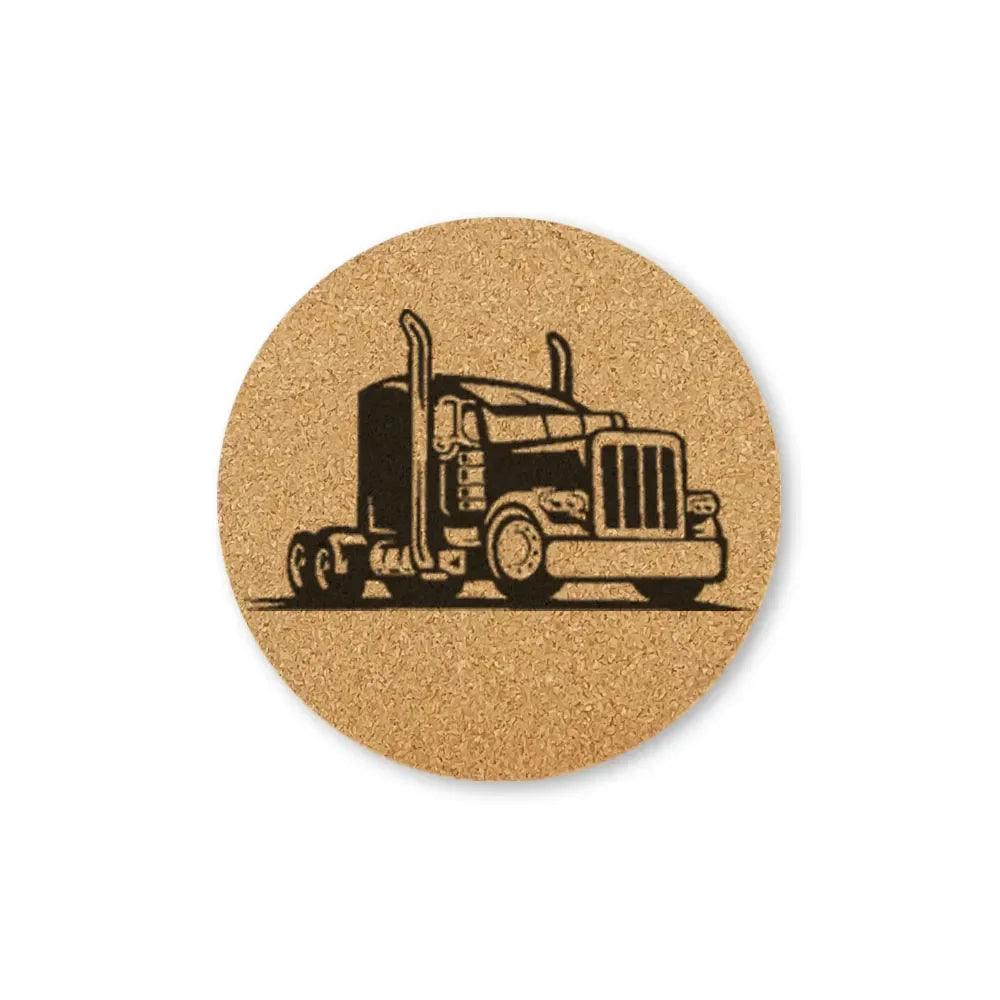 Dessous de verre rond avec dessin noir d’un camion Optimus Prime style cartoon sur liège – Transformers.