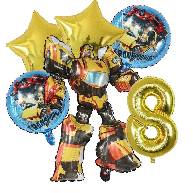 Bouquet de ballons Transformers avec robot jaune, étoiles dorées, ballons ronds et chiffre 8 – Transformers.