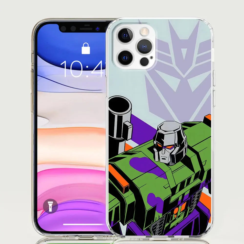 Coque iPhone Megatron, robot vert et violet en posture de combat, logo Decepticon en fond – Transformers.
