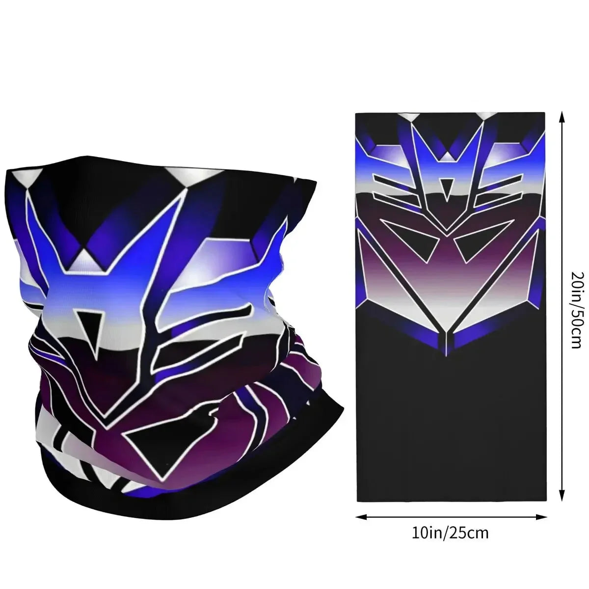 Tour de cou noir avec logo Decepticon violet et bleu, style futuriste, motif dégradé – Transformers.