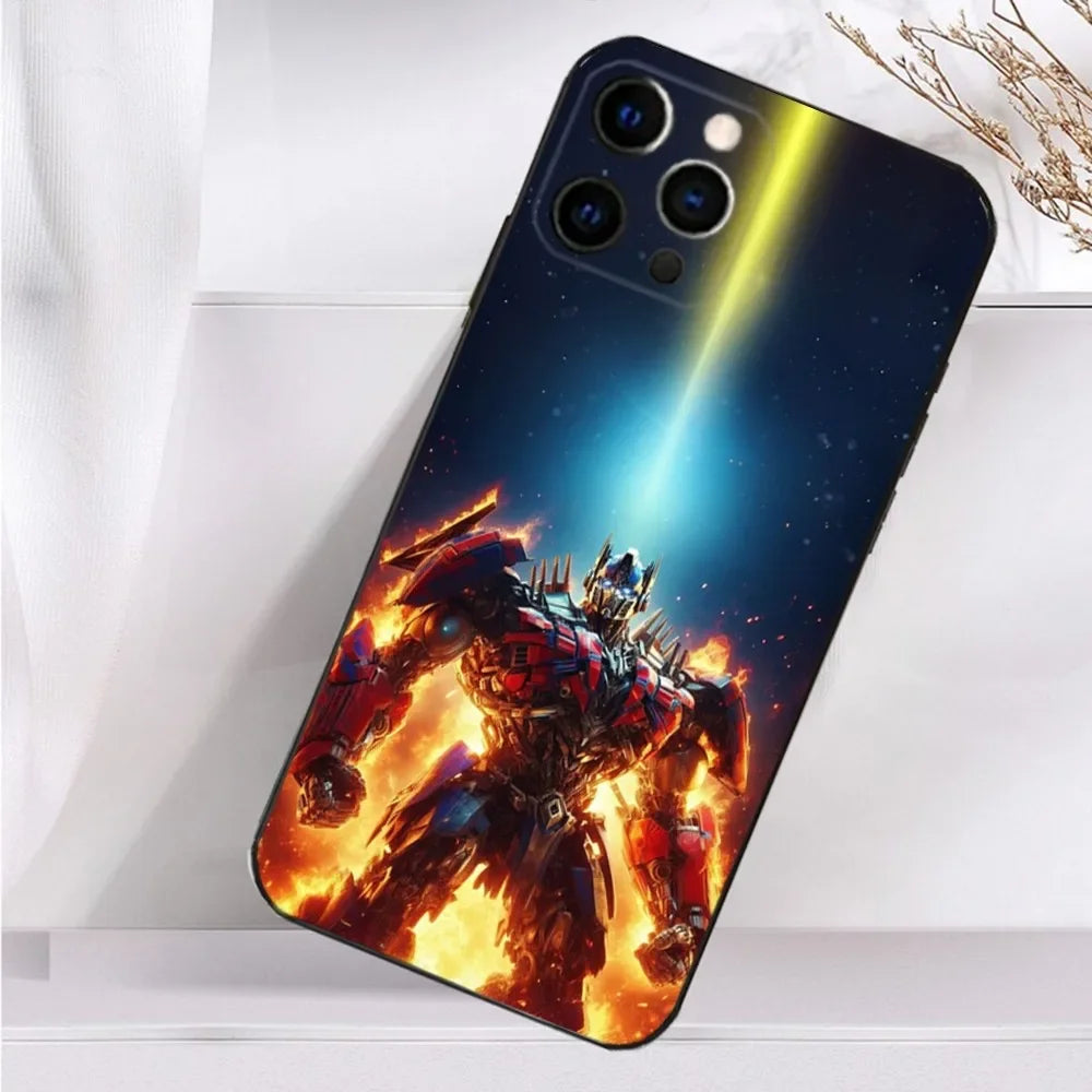 Coque de téléphone avec robot rouge et bleu en flammes, fond spatial lumineux – Transformers.
