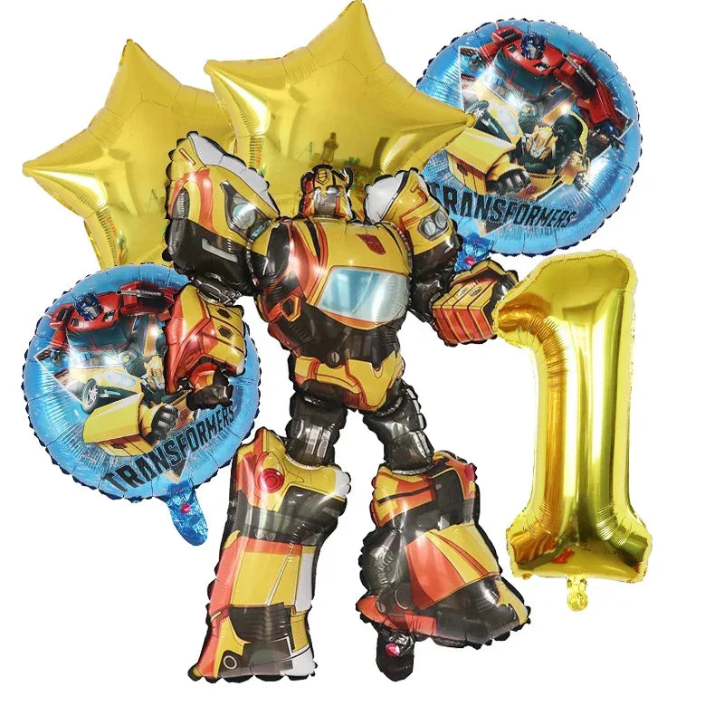 Ballons de fête Transformers avec robot jaune, étoiles dorées, chiffres et décor coloré – Transformers.
