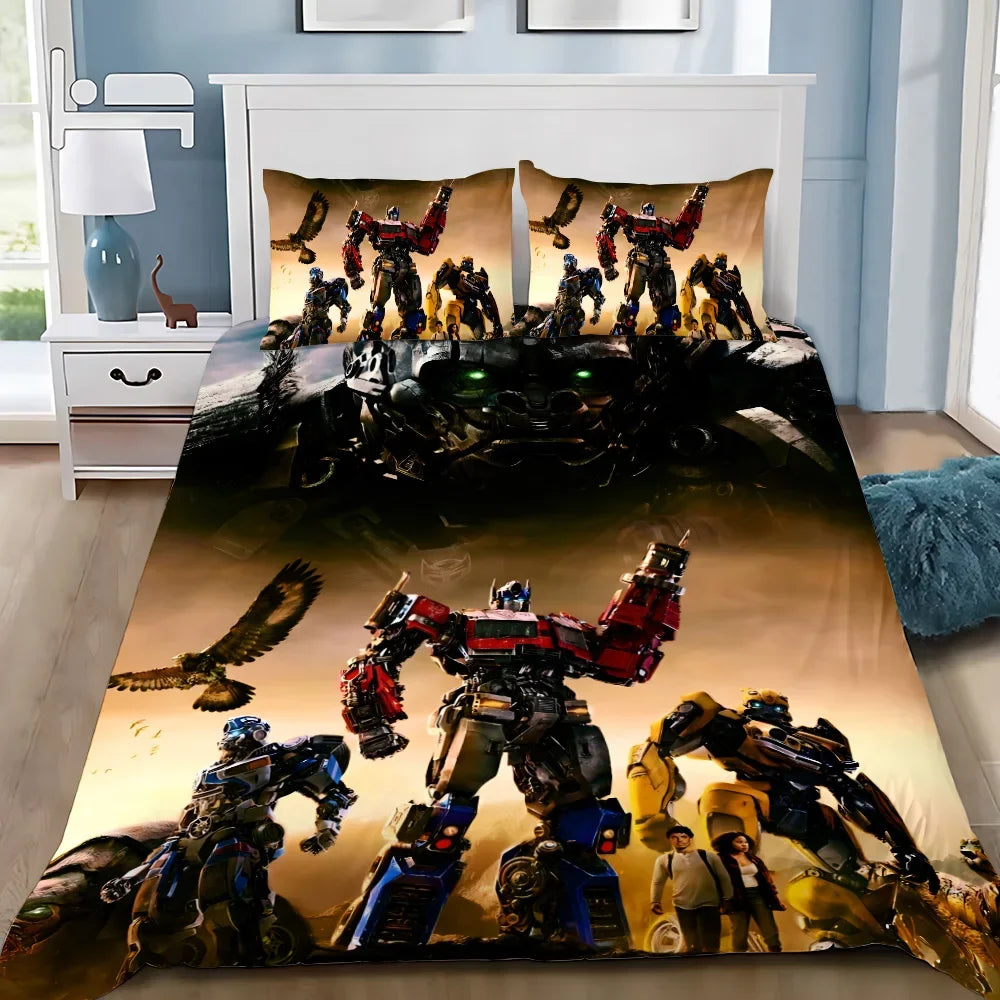 Housse de couette Transformers avec Optimus Prime, Bumblebee, robots et aigles sur fond doré – Transformers.