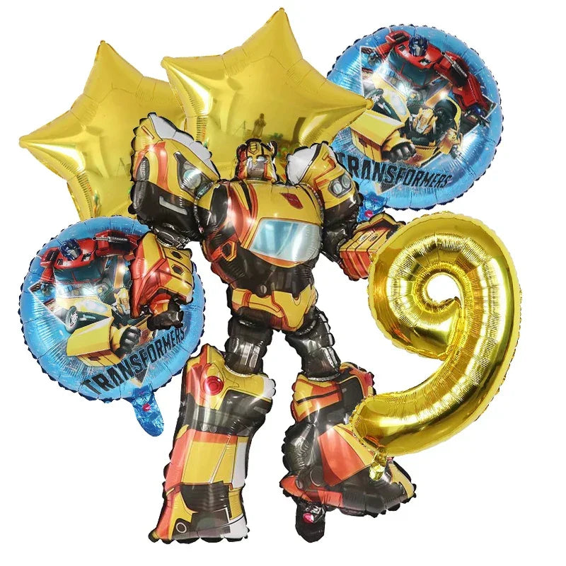 Bouquet de ballons Transformers avec robot jaune, étoiles dorées, chiffre 9 et ballons ronds – Transformers.
