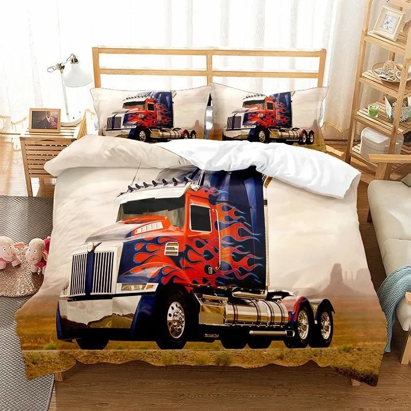 Parure de lit enfant avec gros camion rouge et bleu à flammes, style décor aventure – Transformers.