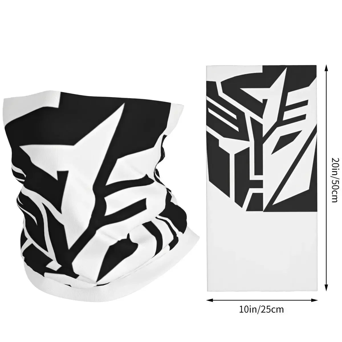 Tour de cou noir et blanc avec logo stylisé de robot, design géométrique, mesures visibles – Transformers.