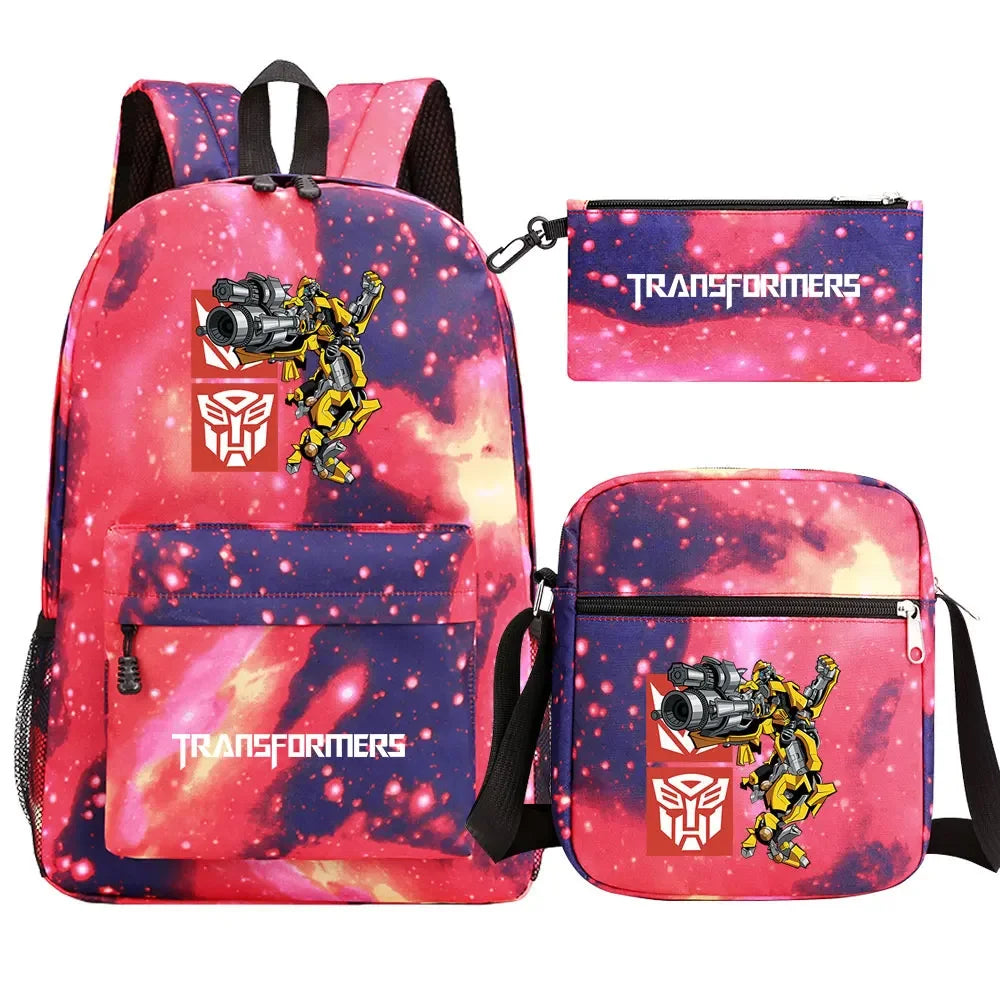 Ensemble cartable, sac et trousse aux motifs rose-violet avec Bumblebee, logo et texte – Transformers.