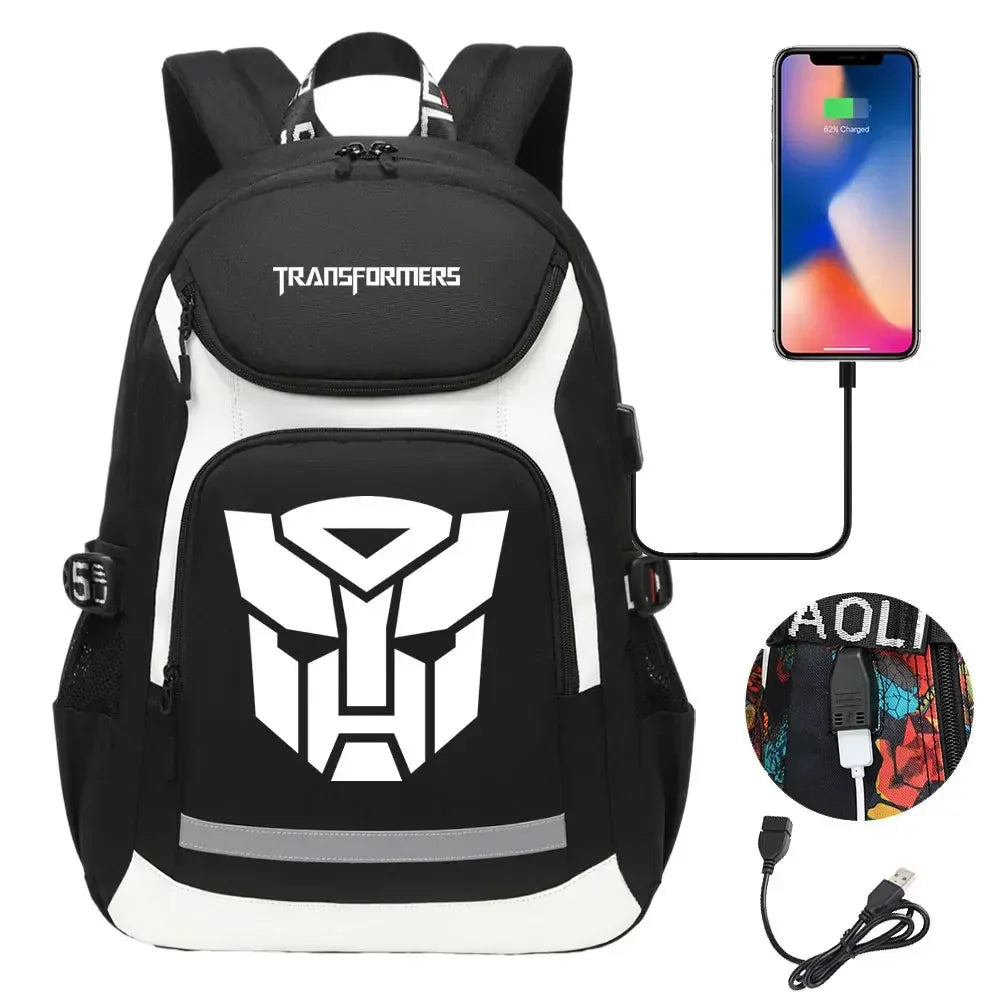 Sac à dos noir et blanc logo Transformers, port USB, câble et smartphone en charge – Transformers.