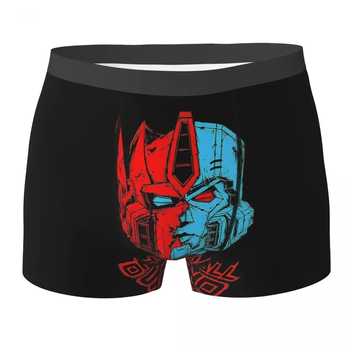 Boxer noir avec visage d’Optimus Prime rouge et bleu, style graphique marqué – Transformers.