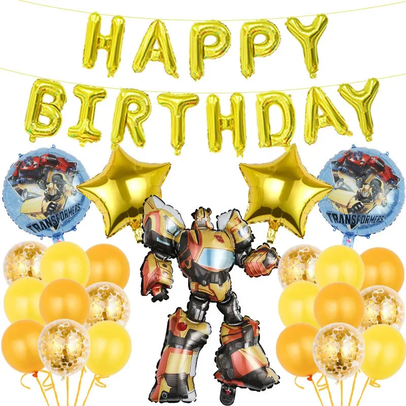 Kit décoration anniversaire Transformers avec ballons dorés, Robot jaune et guirlande Happy Birthday – Transformers.