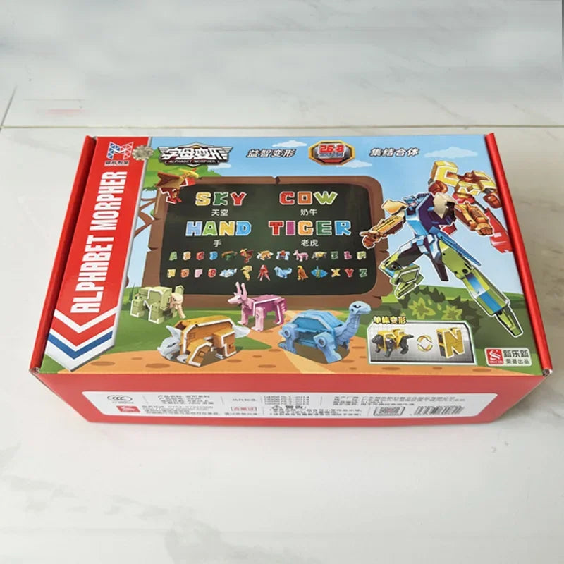 Boîte de jouet Alphabet Morpher montrant robot articulé, animaux colorés et lettres – Transformers.