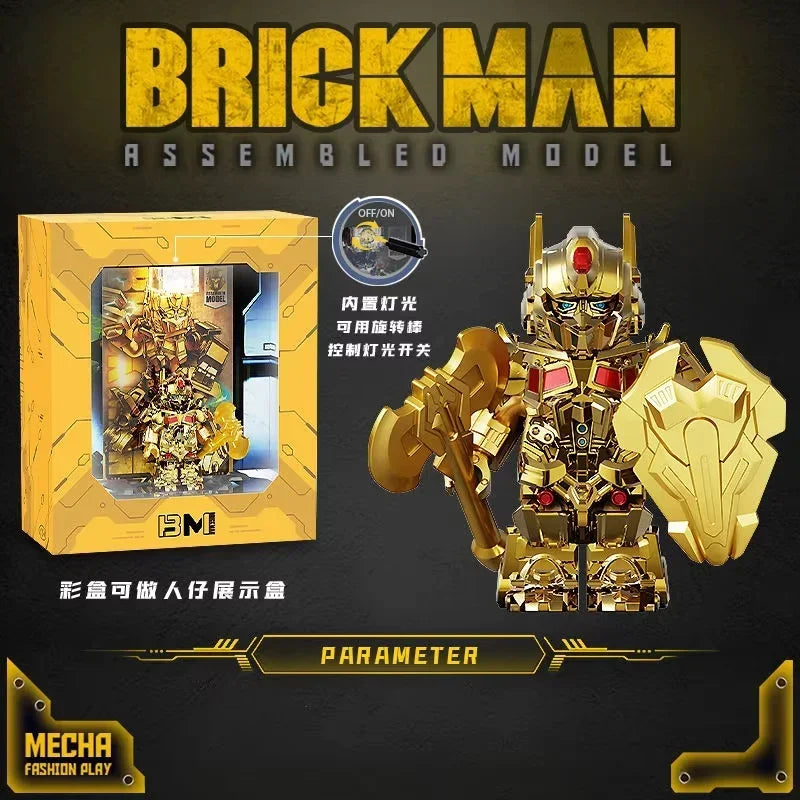 Figurine robot dorée en métal type Brickman, avec hache et bouclier, en boîte – Transformers.