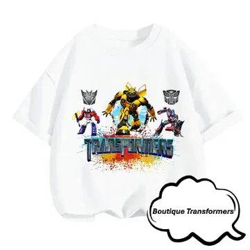 T-shirt enfant blanc avec personnages Transformers colorés, logo et motifs graphiques – Transformers.