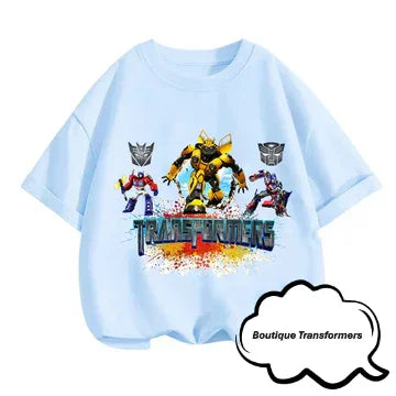 T-shirt enfant bleu avec personnages Transformers colorés et logo sur le devant – Transformers.
