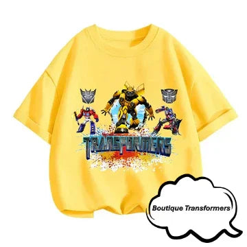T-shirt enfant jaune, motif Transformers avec robots colorés en action sur fond éclaboussé – Transformers.