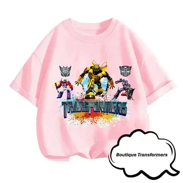 T-shirt enfant rose avec Bumblebee et robots Transformers en pose dynamique, logos argentés – Transformers.