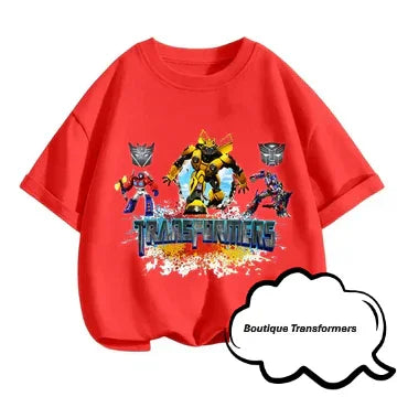 T-shirt enfant rouge avec personnages Transformers imprimés, style dynamique, logo coloré – Transformers.
