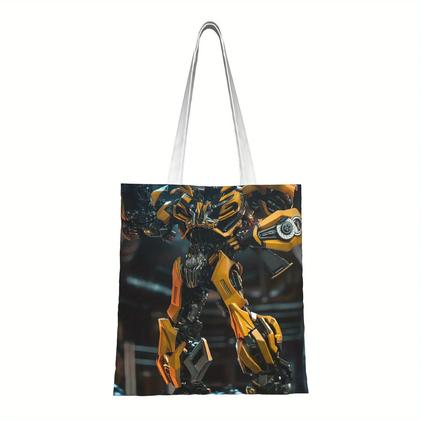 Sac cabas motif robot jaune debout, style mécanique, fond sombre – Transformers.