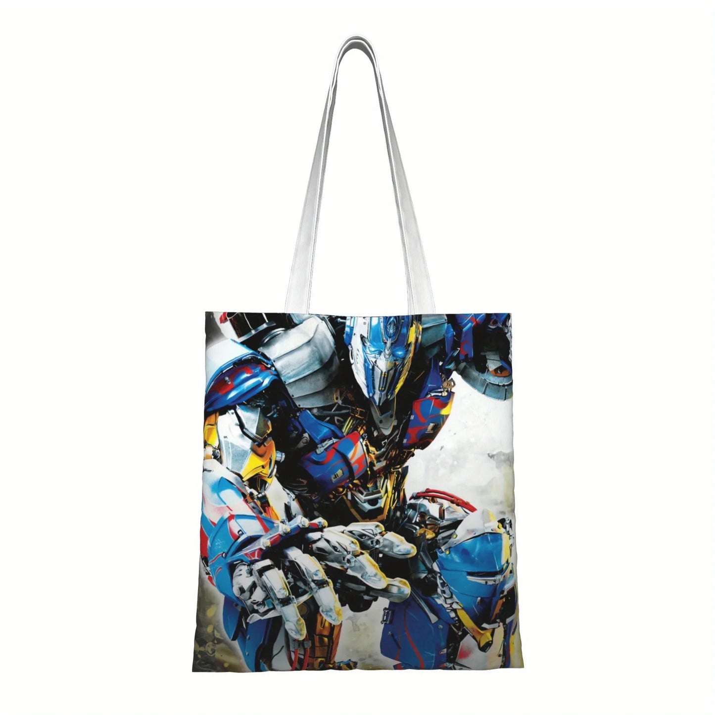 Sac fourre-tout avec robot coloré en armure, posture dynamique sur fond clair – Transformers.