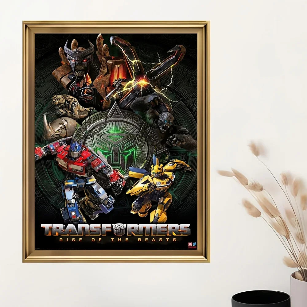 Affiche poster Transformers Rise of the Beasts, robots colorés, fond sombre, cadre doré – Transformers.