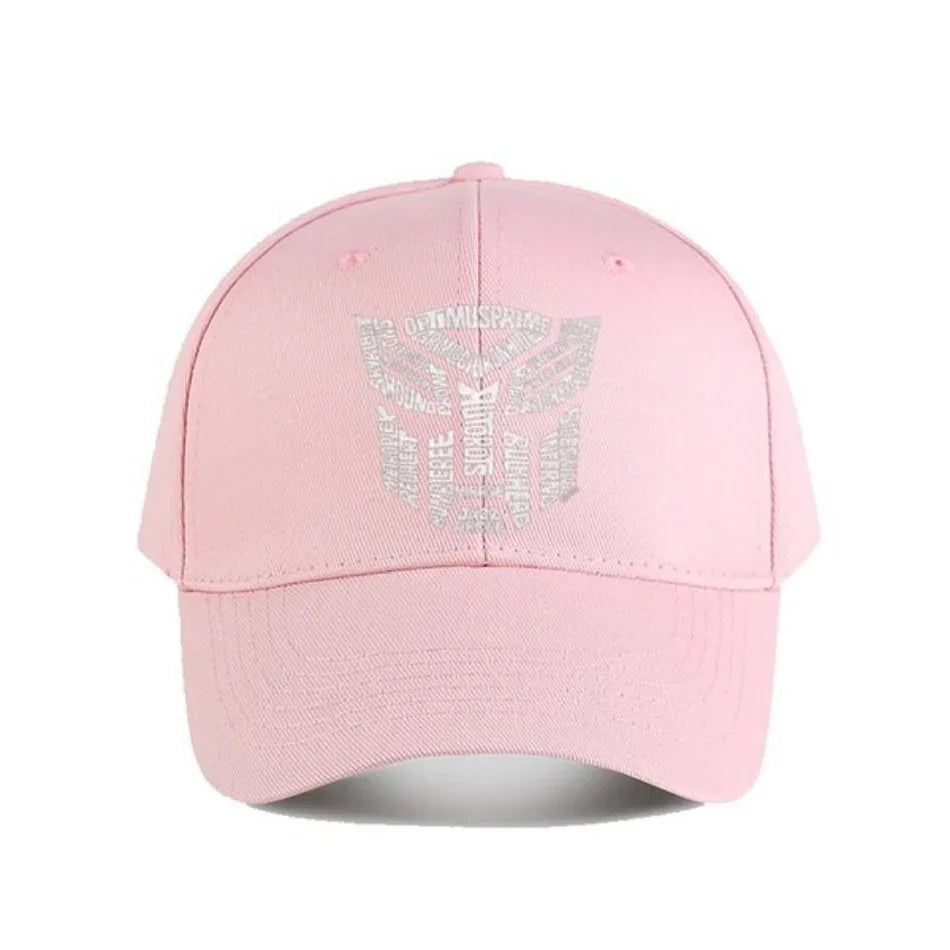 Casquette rose à visière, logo Transformers argent au centre, style streetwear – Transformers.