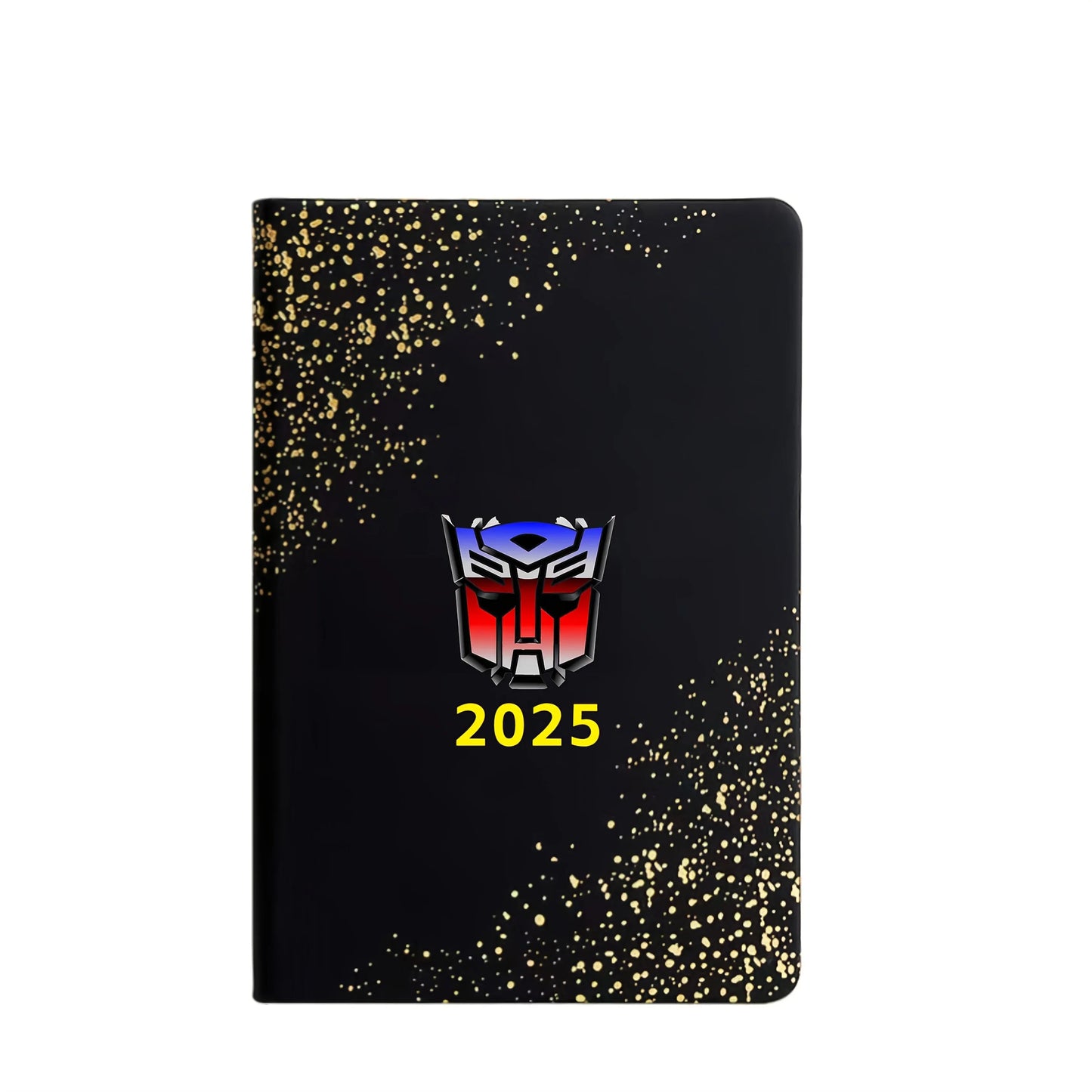 Agenda 2025 noir, logo Autobot coloré, motifs dorés sur la couverture – Transformers.