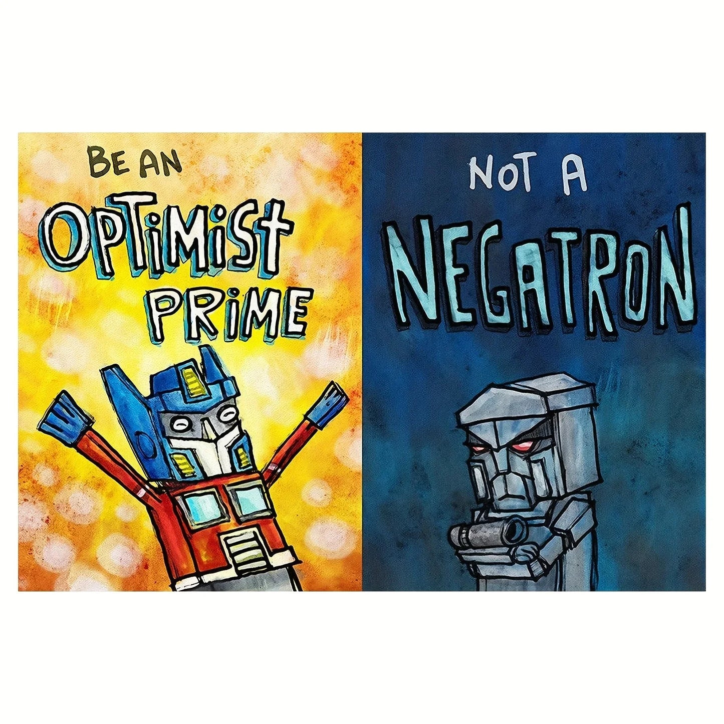 Affiche décorative style cartoon avec Optimus Prime souriant bras levés sur fond jaune et Negatron sombre sur fond bleu – Transformers.