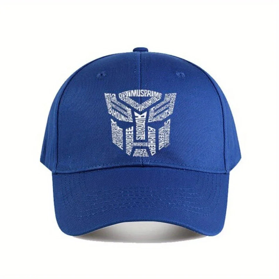 Casquette bleue avec logo Autobots en texte blanc et noms de personnages visibles – Transformers.