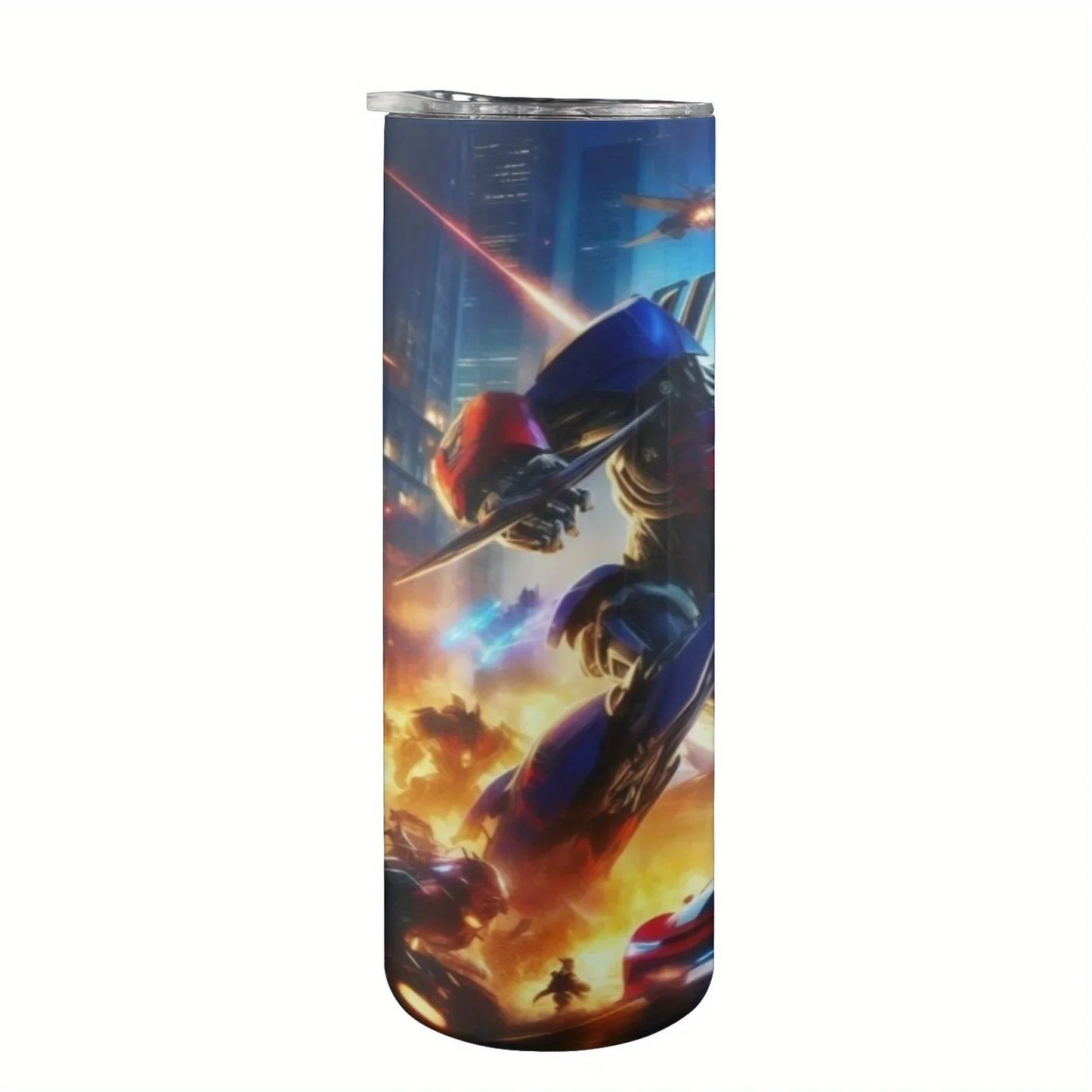 Gourde isotherme avec robot géant en armure, scène de bataille urbaine colorée – Transformers.
