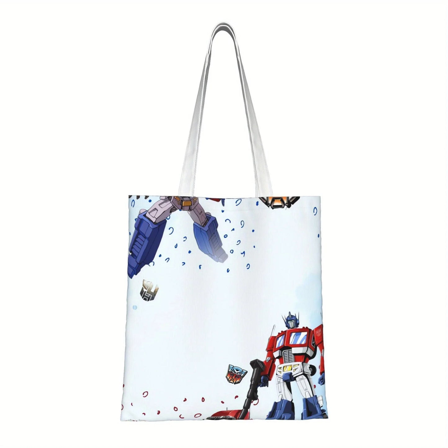 Sac cabas blanc décoré d’Optimus Prime debout, motifs bleus et rouges, style dessin animé – Transformers.