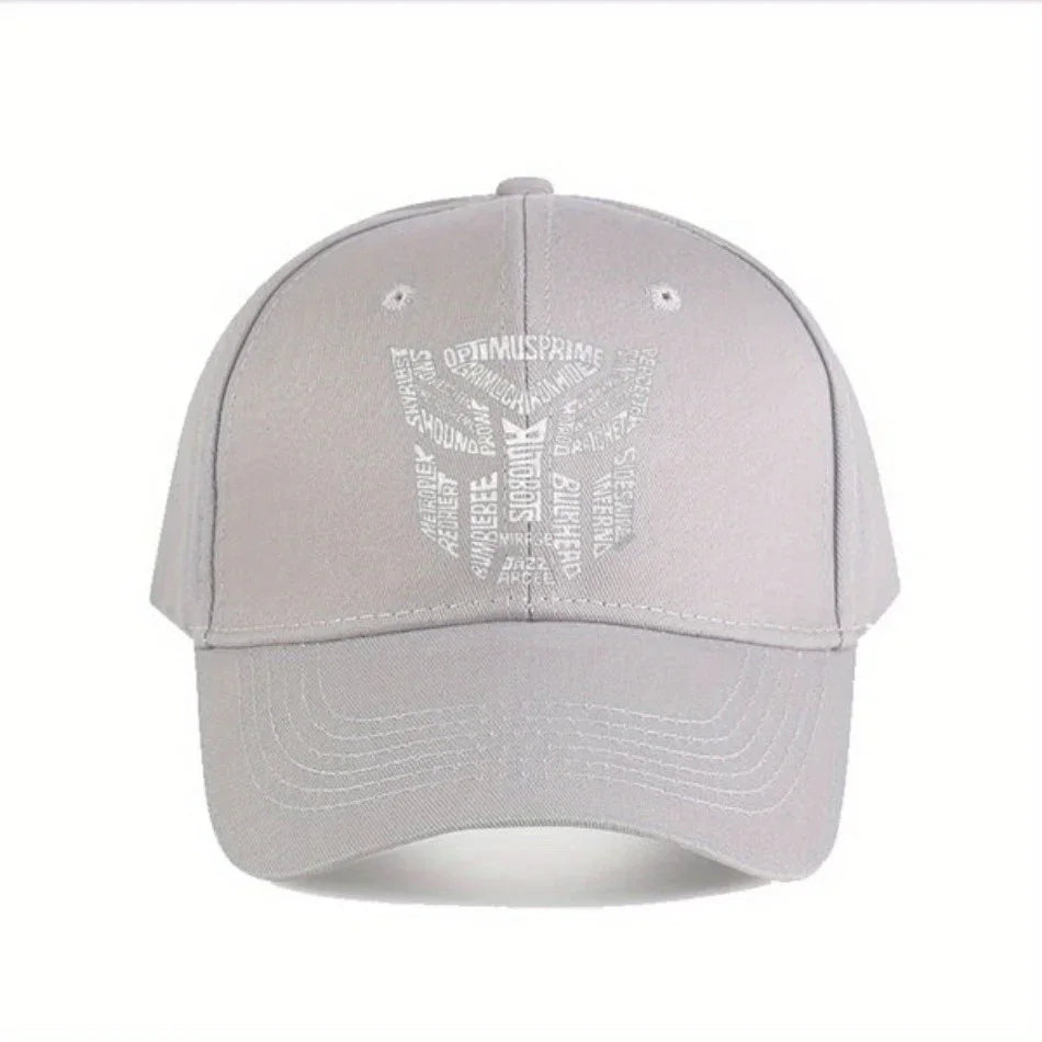 Casquette grise avec logo Autobots en mots blancs, style moderne sur fond uni – Transformers.