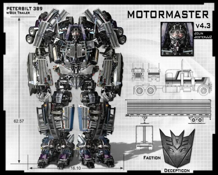 Motormaster robot géant, style mécanique gris, posture droite, camion en plan, logo Decepticon – Transformers.