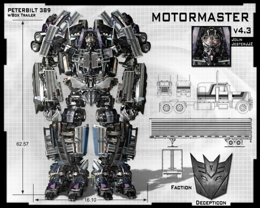 Motormaster robot géant, style mécanique gris, posture droite, camion en plan, logo Decepticon – Transformers.