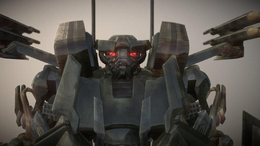 Robot gris imposant aux yeux rouges lumineux, armes sur les épaules, style mécanique – Transformers.