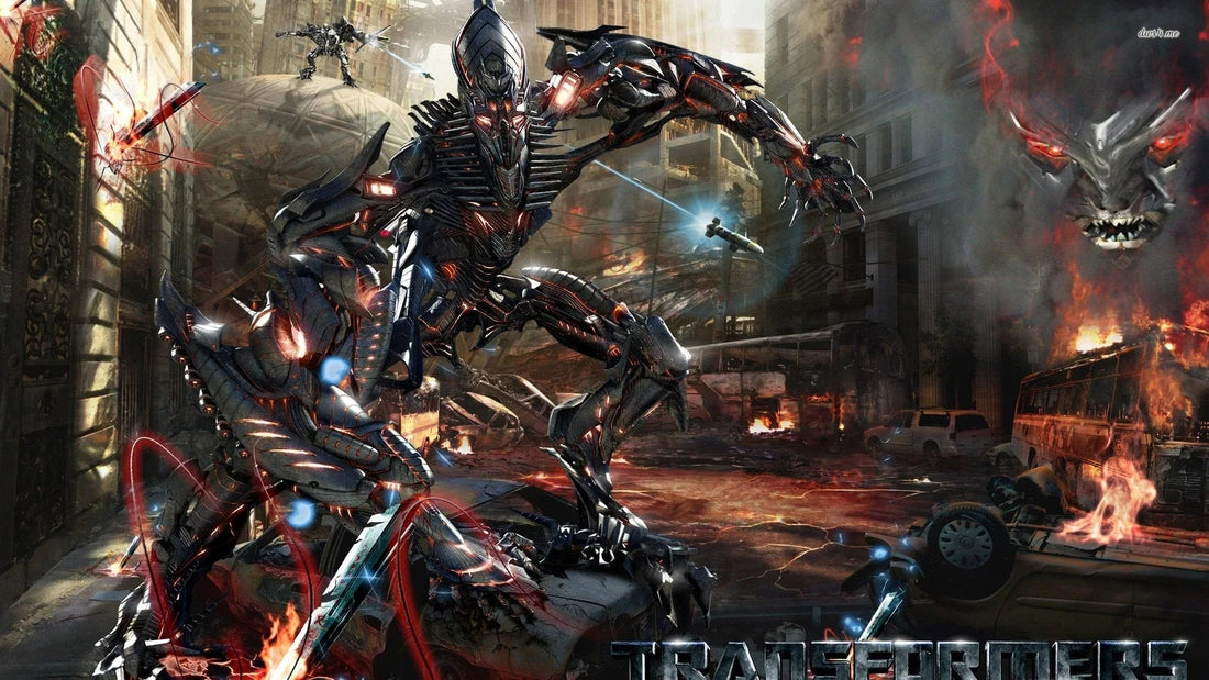 Robot menaçant debout dans une ville en ruines, flammes et véhicules détruits – Transformers.