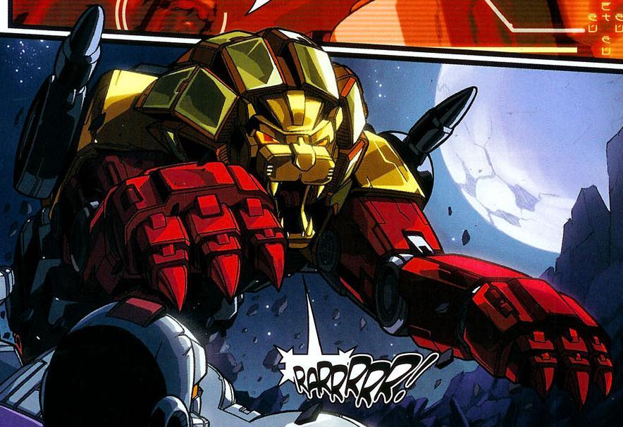 Razorclaw bondissant en mode lion robot, griffes déployées, décor lunaire, style BD – Transformers.