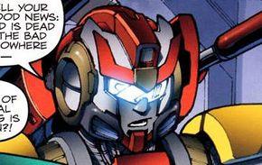 Portrait de Wheelarch, robot rouge et jaune au style bande dessinée, lumière bleue intense – Transformers.