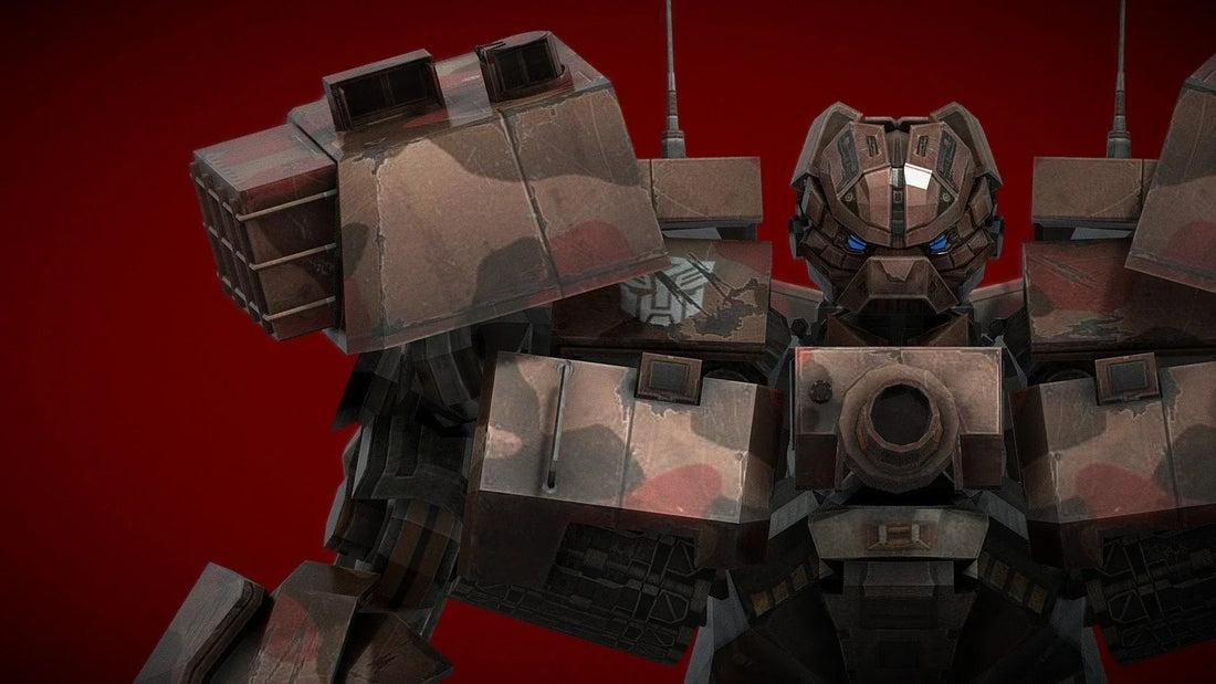 Robot militaire Transformers marron en armure, décor fond rouge, style mécanique détaillé – Transformers.