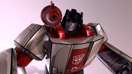 Figurine robot gris et rouge, posture dynamique, décor neutre, style dessin animé – Transformers.