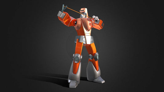 Robot orange debout avec lance-pierre, design anguleux, fond sombre – Transformers.