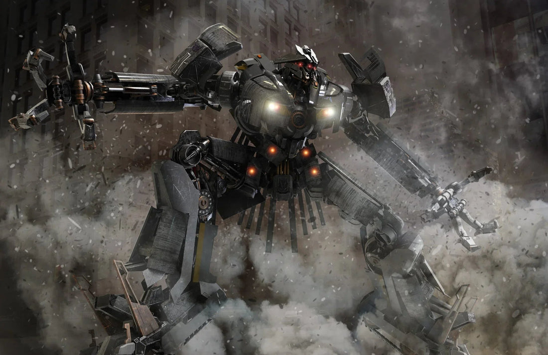 Robot géant noir au look industriel avançant dans des ruines urbaines, lumières allumées – Transformers.