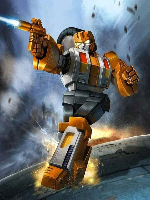 Afterburner robot orange et gris armé, posture dynamique, fond futuriste explosif – Transformers.