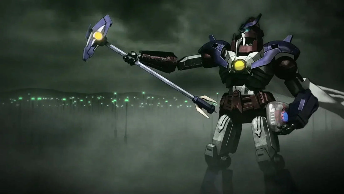 Alpha Trion, robot violet argenté avec marteau lumineux, debout dans un décor sombre – Transformers.