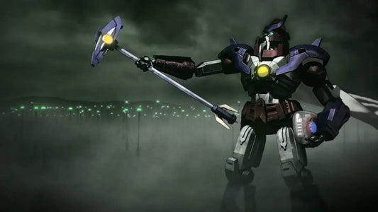 Alpha Trion, robot violet argenté avec marteau lumineux, debout dans un décor sombre – Transformers.