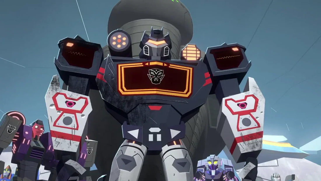 Figurine Cyberverse Soundblaster, robot noir imposant avec bras blancs et décor futuriste – Transformers.