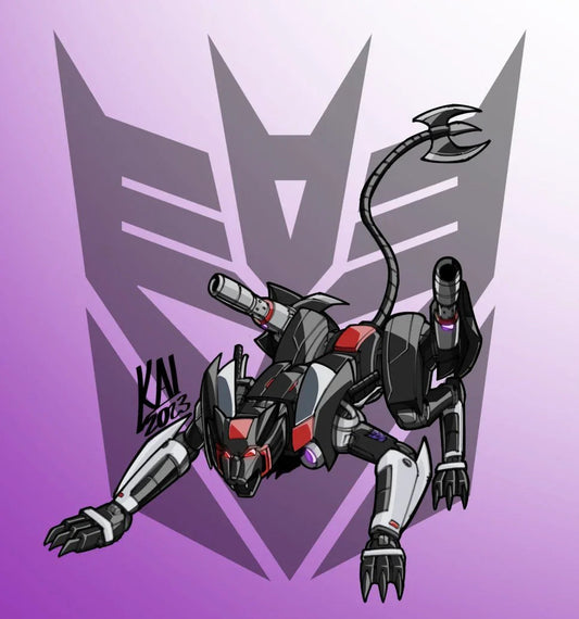 Robot panthère noir et gris en posture d’attaque sur fond logo Decepticon violet – Transformers.
