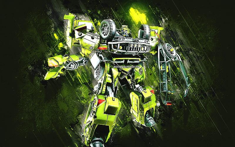 Robot Desert Tracker Ratchet vert en posture dynamique sur fond pierre grunge vert – Transformers.