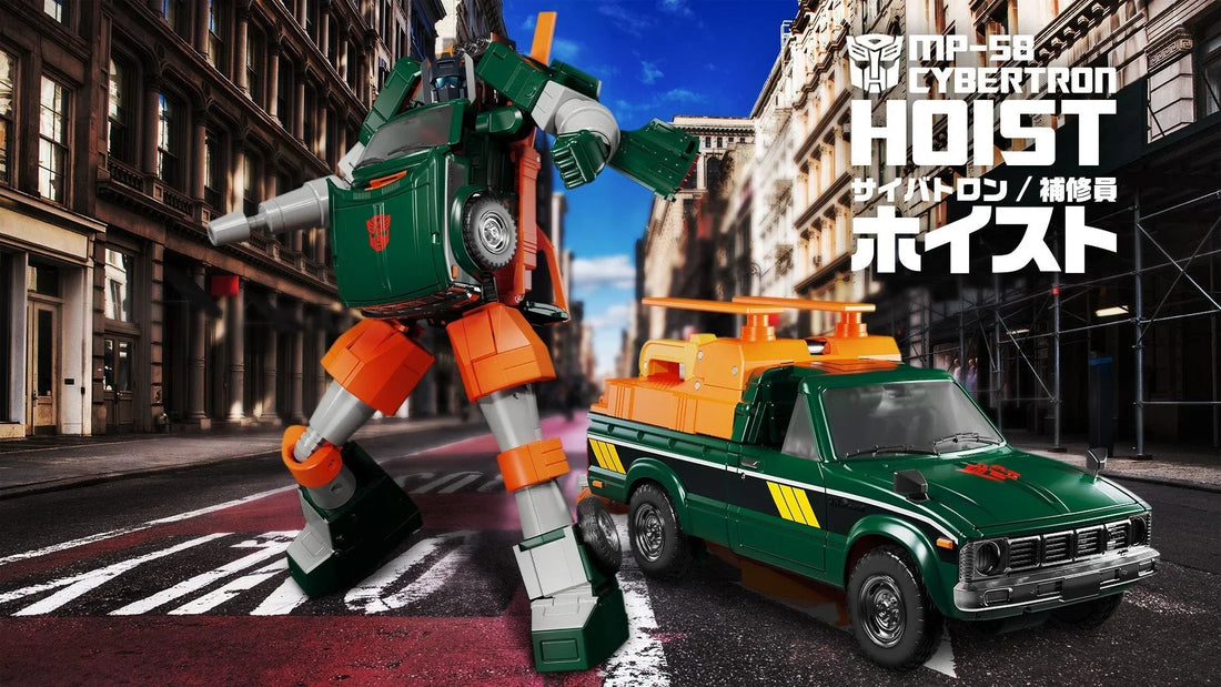 Figurine MP-58 Hoist robot et camion vert et orange, posées en ville, style Masterpiece – Transformers.