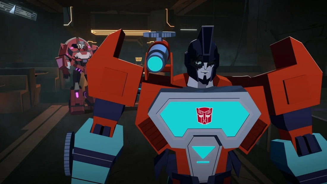 Robot rouge et bleu, posture confiante en avant-plan, décor futuriste sombre – Transformers.
