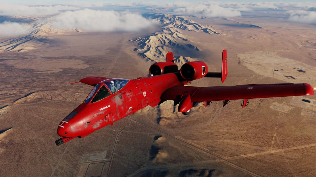 Avion de chasse rouge Transformers volant au-dessus du désert, cockpit fermé et montagnes à l’arrière-plan – Transformers.